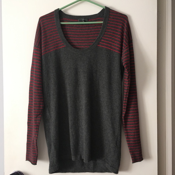 SPORTING LIFE 100% Cashmere Grey + Red Stripe Scoop Neck Sweater 3 L - Picture 1 of 5